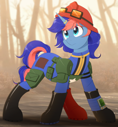 Size: 1300x1404 | Tagged: safe, artist:higgly-chan, imported from derpibooru, oc, oc only, oc:ryo, pony, unicorn, fallout equestria, armor, boots, clothes, determined, fallout equestria oc, female, goggles, hair tie, hat, helmet, horn, horn ring, jewelry, jumpsuit, looking offscreen, patch, pipbuck, ponytail, pouch, ring, shoes, solo, tree, vault suit