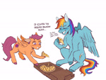 Size: 4000x3000 | Tagged: safe, artist:medictastic, imported from derpibooru, rainbow dash, scootaloo, pegasus, pony, dialogue, female, filly, floppy ears, foal, food, ham, mare, meat, pineapple, pineapple pizza, pizza, pizza box, smiling