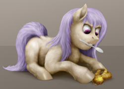 Size: 1000x721 | Tagged: safe, artist:anonymous, imported from derpibooru, oc, oc only, earth pony, pony, /ptfg/, angry, digital painting, female, ginger, lying down, mare, mouth hold, prone, shiny hooves, solo, spoon
