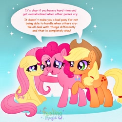 Size: 1500x1500 | Tagged: safe, artist:faelingmagic, imported from derpibooru, applejack, fluttershy, pinkie pie, earth pony, pegasus, pony, comforting, cute, female, film grain, folded wings, looking at each other, looking at someone, mare, positive ponies, raised hoof, signature, sitting, sparkles, speech bubble, standing, trio, upset, wings