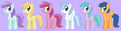 Size: 2275x594 | Tagged: safe, artist:maddiewondermanforever36, imported from twibooru, cotton cloudy, first base, liza doolots, noi, petunia, ruby pinch, tootsie flute, earth pony, pegasus, pony, unicorn, adorabase, adult blank flank, alternate mane six, alternate universe, aura (g4), aurabetes, blank flank, closed mouth, cottonbetes, cute, female, filly six, girly girl, group, image, lavender background, mare, noiabetes, older, older aura (g4), older cotton cloudy, older first base, older liza doolots, older noi, older petunia, older ruby pinch, older tootsie flute, pegasus first base, pinchybetes, png, race swap, sextet, simple background, smiling, tomboy, tootsie cute