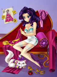 Size: 2448x3271 | Tagged: safe, artist:semehammer, imported from derpibooru, opalescence, rarity, human, art pack:my little sweetheart, clothes, fainting couch, female, high heels, humanized, measuring tape, mouth hold, my little sweetheart, needle, sexy, shoes, sitting
