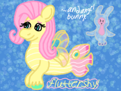 Size: 1600x1200 | Tagged: safe, artist:mintwhistle, idw, imported from derpibooru, angel bunny, fluttershy, butterfly fish, fish, seapony (g4), abstract background, angel bunny is not amused, butterfly wings, colored hooves, duo, duo male and female, female, fin wings, fins, fluttershy day, g4 to g5, g5, generation leap, male, mare, medibang paint, my little pony: set your sail, my little pony: tell your tale, no mouth, sea angel, seaponified, seapony fluttershy, set your sail, smiling, species swap, stripes, unamused, unshorn fetlocks, wings
