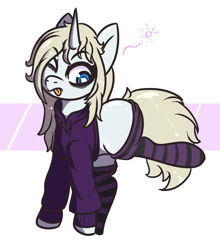 Size: 833x945 | Tagged: safe, artist:lazerblues, imported from derpibooru, oc, oc:synthwave, pony, unicorn, bags under eyes, clothes, hoodie, horn, socks, stretching