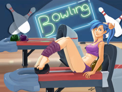 Size: 3375x2535 | Tagged: safe, artist:kevinsano, imported from derpibooru, allie way, human, art pack:my little sweetheart, blue hair, bowling alley, bowling ball, bowling pin, clothes, humanized, neon, neon sign, signature, tanktop