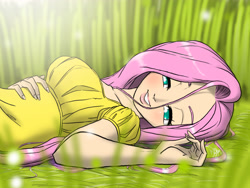 Size: 3375x2536 | Tagged: safe, artist:aeolus06, imported from derpibooru, fluttershy, human, art pack:my little sweetheart, colored pupils, cute, female, grass, grin, humanized, lidded eyes, lips, looking at you, lying down, my little sweetheart, on back, outdoors, shyabetes, smiling, solo