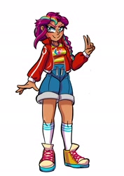 Size: 1450x2048 | Tagged: safe, artist:jully-park, imported from derpibooru, sunny starscout, human, alternate design, clothes, cutie mark, cutie mark on clothes, female, g5, humanized, jacket, korean, mane stripe sunny, moderate dark skin, pants, peace sign, pose, purple hair, shoes, simple background, smiling, socks, solo, vest, white background
