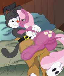 Size: 4961x5840 | Tagged: safe, artist:stormythetrooper, imported from derpibooru, cheerilee, earth pony, pony, animaniacs, bed, bedroom eyes, crack shipping, crossover, crossover shipping, cuddling, dock, featureless crotch, interspecies, one eye closed, shipping, tail, underhoof, yakko warner