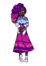 Size: 1240x1754 | Tagged: safe, artist:jully-park, imported from derpibooru, human, african american, blue eyelashes, clothes, curly hair, cutie mark, cutie mark on clothes, cyan eyes, dark skin, dress, female, g5, hand on hip, human coloration, humanized, looking at you, misty brightdawn, pose, rebirth misty, shoes, simple background, smiling, smiling at you, solo, two toned hair, white background