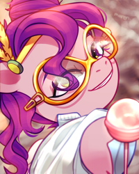 Size: 2254x2822 | Tagged: safe, artist:maren, imported from derpibooru, pipp petals, pegasus, pony, aj bridel, candy, clothes, female, food, g5, glasses, headband, lollipop, looking at you, mare, ponified, smiling, smiling at you, voice actor joke