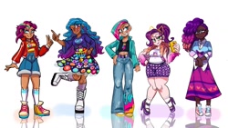Size: 1280x720 | Tagged: safe, artist:jully-park, imported from derpibooru, izzy moonbow, pipp petals, sunny starscout, zipp storm, human, adorapipp, adorasexy, african american, alternate design, blue eyelashes, cat ears, clothes, curly hair, cute, cutie mark, cutie mark on clothes, cyan eyes, dark skin, dress, eyebrows, female, fingernails, fit, flowing hair, g5, hand on hip, human coloration, humanized, jacket, korean, lesbian pride flag, light skin, looking at you, magenta eyes, mane stripe sunny, midriff, misty brightdawn, moderate dark skin, multiple characters, one eye closed, pants, peace sign, phone, pose, pride, pride flag, purple hair, raised eyebrow, rebirth misty, sexy, shading, shadow, shoes, signature, simple background, skirt, slender, smiling, smiling at you, smirk, socks, solo, tanktop, thin, tongue out, two toned hair, vest, white background, wink