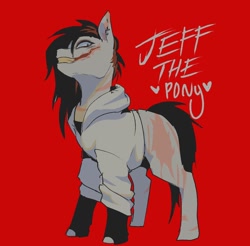 Size: 1190x1172 | Tagged: safe, artist:piesinful, imported from derpibooru, earth pony, pony, burn scar, burned, clothes, hoodie, jeff the killer, male, meme, ponified, red background, scar, simple background, solo, stallion
