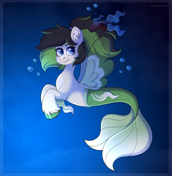 Size: 4000x4101 | Tagged: safe, artist:madelinne, imported from derpibooru, oc, oc only, fish, merpony, sea pony, seapony (g4), bubble, clothes, crepuscular rays, dorsal fin, ear fluff, female, fin, fin wings, fins, fish tail, flowing mane, flowing tail, looking at you, mare, ocean, scales, see-through, smiling, smiling at you, solo, swimming, tail, underwater, unshorn fetlocks, water, wings
