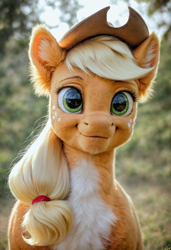 Size: 1664x2432 | Tagged: safe, derpibooru exclusive, imported from derpibooru, applejack, earth pony, pony, ai content, ai generated, bust, generator:pony diffusion v6 xl, generator:stable diffusion, photorealistic, portrait, prompter:greenvoid
