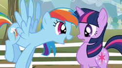 Size: 3840x2160 | Tagged: safe, imported from derpibooru, screencap, rainbow dash, twilight sparkle, pegasus, pony, unicorn, season 1, the ticket master, duo, duo female, eye contact, female, fence, flying, horn, looking at each other, looking at someone, mare, open mouth, open smile, outdoors, side view, smiling, spread wings, unicorn twilight, wings