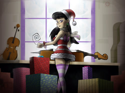 Size: 3159x2363 | Tagged: artist needed, safe, imported from derpibooru, octavia melody, human, art pack:my little sweetheart, cello, christmas, clothes, costume, ear piercing, earring, eyeshadow, hat, holiday, humanized, jewelry, makeup, musical instrument, piercing, present, santa costume, santa hat, violin, wrapping paper
