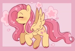 Size: 3440x2383 | Tagged: safe, artist:sakukitty, imported from derpibooru, blossom, fluttershy, pegasus, pony, cute, female, flower, flowing tail, g1, happy, mare, pink background, pink mane, shyabetes, signature, simple background, spread wings, tail, trotting, unshorn fetlocks, wings, yellow coat