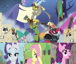 Size: 1280x1080 | Tagged: safe, edit, edited screencap, imported from derpibooru, screencap, big macintosh, discord, fluttershy, rarity, spike, sugar belle, draconequus, dragon, earth pony, pegasus, skeleton pony, unicorn, dungeons and discords, hard to say anything, she talks to angel, the ticket master, arrow, beard, bedroom eyes, bone, bow (weapon), bow and arrow, captain wuzz, cutout, discoshy, facial hair, female, garbuncle, hat, helmet, horn, magic staff, male, race swap, shipping, sir mcbiggen, skeleton, sparity, straight, sugarmac, sword, unicorn big mac, weapon, wizard hat