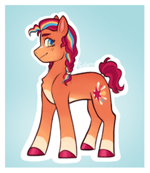 Size: 760x876 | Tagged: safe, artist:faielyn, imported from derpibooru, sunny starscout, earth pony, alternate design, blue background, bow, braid, braided ponytail, chest fluff, female, g5, hair bow, looking at you, mane stripe sunny, mare, multicolored mane, orange coat, outline, ponytail, redesign, signature, simple background, tail, tail hole, unshorn fetlocks, white outline