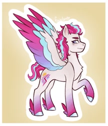 Size: 784x908 | Tagged: safe, artist:faielyn, imported from derpibooru, pegasus, pony, alternate design, alternate hairstyle, colored wings, female, g5, mare, outline, raised leg, redesign, signature, simple background, spread wings, tail, two toned mane, two toned tail, two toned wings, white coat, white outline, wings, yellow background