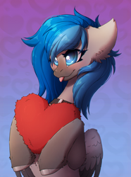 Size: 2226x3000 | Tagged: safe, artist:viryav, imported from derpibooru, oc, oc only, pegasus, pony, blushing, collar, cute, female, fluffy, heart, mare, simple background, smiling, solo, tongue out