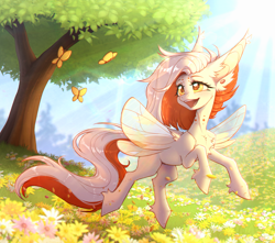 Size: 3000x2652 | Tagged: safe, artist:viryav, imported from derpibooru, sunburst, oc, oc only, butterfly, pegasus, pony, complex background, day, ear piercing, field, flower, flower field, forest, leaves, light, nature, piercing, smiling, solo, sparkly eyes, sun, tree, wingding eyes, wood
