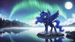 Size: 2560x1440 | Tagged: safe, imported from derpibooru, princess luna, alicorn, pony, ai content, ai generated, aurora borealis, concave belly, female, full moon, generator:pony diffusion v6 xl, generator:stable diffusion, lake, looking sideways, mare, moon, mountain, prompter:siber, reflection, solo, spread wings, standing, starry night, wallpaper, water, wings