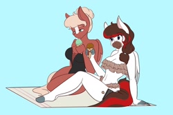 Size: 2048x1365 | Tagged: safe, artist:mscolorsplash, imported from derpibooru, oc, oc only, anthro, pegasus, plantigrade anthro, beach towel, belly button, big breasts, bikini, blaze (coat marking), breasts, cleavage, clothes, coat markings, curvy, duo, duo female, facial markings, female, food, frilled swimsuit, ice cream, ice cream cone, licking, light blue background, mealy mouth (coat marking), one-piece swimsuit, simple background, sitting, smiling, swimsuit, tongue out