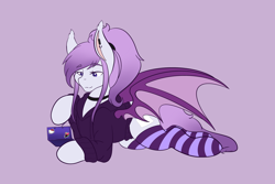 Size: 2048x1365 | Tagged: safe, artist:mscolorsplash, imported from derpibooru, oc, oc only, bat pony, pony, bat pony oc, bat wings, clothes, female, hello kitty, hoodie, hoof hold, invader zim, lidded eyes, lying down, mare, prone, purple background, simple background, smiling, socks, solo, spread wings, striped socks, wings