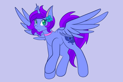 Size: 2048x1365 | Tagged: safe, artist:mscolorsplash, imported from derpibooru, oc, oc only, alicorn, pony, alicorn oc, choker, colored pupils, female, flower, flower in hair, horn, mare, purple background, simple background, smiling, solo, spread wings, wings