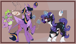Size: 2300x1344 | Tagged: safe, artist:marzi-panic, imported from derpibooru, rarity, spike, twilight sparkle, alicorn, classical unicorn, dragon, pony, unicorn, alternate design, border, brown background, cloven hooves, coat markings, facial hair, female, glasses, goatee, heart, horn, horseshoes, implied shipping, implied sparity, implied straight, leonine tail, levitation, magic, mare, pale belly, passepartout, simple background, socks (coat markings), telekinesis, thought bubble, trio, twilight sparkle (alicorn), underhoof, unshorn fetlocks, winged spike, wings