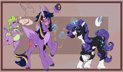 Size: 2300x1344 | Tagged: safe, alternate version, artist:marzi-panic, imported from derpibooru, rarity, spike, twilight sparkle, alicorn, classical unicorn, dragon, pony, unicorn, alternate design, border, brown background, cloven hooves, coat markings, facial hair, female, goatee, heart, horn, horseshoes, implied shipping, implied sparity, implied straight, leonine tail, levitation, magic, mare, pale belly, passepartout, simple background, socks (coat markings), tail, telekinesis, thought bubble, trio, twilight sparkle (alicorn), underhoof, unshorn fetlocks, winged spike, wings
