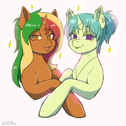 Size: 2000x2000 | Tagged: safe, artist:erein, imported from derpibooru, oc, oc:buttercake pie, oc:drawing unique, pony, unicorn, blushing, brown fur, colored, cute, duo, duo female, ear piercing, earring, ears up, female, flat colors, freckles, high res, horn, jewelry, lidded eyes, looking at you, mole, multicolored hair, open mouth, orange eyes, piercing, ponytail, simple background, sketch, smiling, smiling at you, stars, unicorn oc, white background