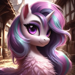 Size: 1024x1024 | Tagged: safe, imported from ponybooru, oc, oc only, pony, unicorn, ai content, ai generated, bing, chest fluff, eyeshadow, female, fluffy, impossibly large chest fluff, looking at you, makeup, mare, solo