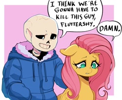 Size: 1283x1050 | Tagged: safe, artist:nubi_mei, imported from derpibooru, fluttershy, pegasus, pony, abstract background, bone, crossover, female, i think we're gonna have to kill this guy, mare, meme, sans (undertale), skeleton, speech bubble, text, undertale, vulgar