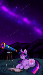 Size: 2068x3564 | Tagged: safe, artist:mscreepyplaguedoctor, imported from derpibooru, twilight sparkle, pony, unicorn, book, crossed hooves, female, high res, looking up, lying down, mare, night, night sky, prone, sky, solo, telescope, unicorn twilight