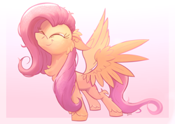 Size: 2970x2100 | Tagged: safe, artist:candy meow, imported from derpibooru, fluttershy, pegasus, pony, ^^, cheek fluff, chest fluff, ear fluff, eyes closed, female, floppy ears, gradient background, mare, smiling, solo, spread wings, stretching, wings