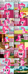 Size: 1282x3304 | Tagged: safe, edit, edited screencap, imported from derpibooru, screencap, pinkie pie, earth pony, pony, comic:celestia's servant interview, baby cakes, feeling pinkie keen, friendship is magic, mmmystery on the friendship express, season 1, season 2, swarm of the century, the last roundup, bedroom eyes, cake on face, caption, comic, crown, cs captions, descriptive noise, female, floppy ears, food, fountain, gritted teeth, happy, helmet, image macro, interview, jewelry, mare, pinkie being pinkie, ponyville, regalia, screencap comic, smelling, sniffing, solo, sugarcube corner, teeth, text, town hall