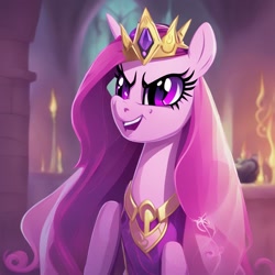 Size: 1024x1024 | Tagged: safe, imported from derpibooru, princess cadance, alicorn, pony, ai assisted, ai content, ai generated, candle, castle, chapel, clothes, crown, dress, generator:deviantart dreamup, generator:dreamup, jewelry, mane, peytral, prompter:earwaxkid, queen cadance, regalia, slit pupils, solo, stained glass, tiara, veil, wedding veil