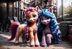 Size: 1216x832 | Tagged: safe, imported from derpibooru, izzy moonbow, sunny starscout, earth pony, unicorn, ai content, ai generated, chest fluff, city, duo, ear fluff, g5, generator:pony diffusion v6 xl, generator:stable diffusion, horn, looking at you, prompter:kluknawa235, realistic, smiling, town