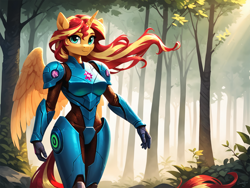 Size: 2048x1536 | Tagged: safe, imported from derpibooru, sunset shimmer, alicorn, anthro, ai content, ai generated, alicornified, armor, curvy, forest, generator:pony diffusion v6 xl, generator:stable diffusion, looking at you, metroid, nature, power armor, prompter:demose, race swap, shimmercorn, solo, tree