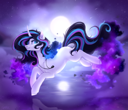Size: 2416x2084 | Tagged: safe, artist:sparkling_light, imported from derpibooru, oc, oc only, pony, unicorn, female, fog, horn, jewelry, lake, moon, night, ocean, pendant, solo, water