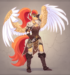 Size: 2068x2208 | Tagged: safe, artist:sparkling_light, imported from derpibooru, oc, oc only, anthro, pegasus, plantigrade anthro, arm wraps, armor, clothes, colored wings, colored wingtips, female, fingerless gloves, gloves, hide armor, leather, leather armor, leg wraps, scar, smiling, solo, spread wings, wings
