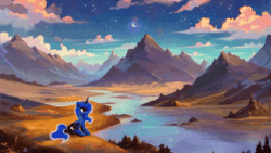 Size: 1024x576 | Tagged: safe, imported from derpibooru, princess luna, ai content, ai generated, moon, mountain, prompter:zzz1247, river, scenery, solo, water