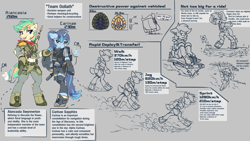 Size: 3840x2160 | Tagged: safe, artist:ravistdash, imported from derpibooru, oc, oc only, oc:alancasia, oc:carinae, earth pony, pony, unicorn, aircraft carrier, armor, bipedal, boots, city, clothes, destruction, gun, horn, macro, plane, reference sheet, ship, shoes, smiling, text, weapon