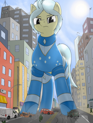 Size: 1997x2635 | Tagged: safe, artist:qkersnll, imported from derpibooru, oc, oc:ultramare, earth pony, human, pony, car, city, crushing, destruction, female, giantess, macro, mare