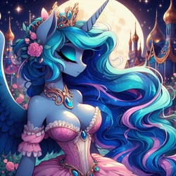 Size: 1024x1024 | Tagged: safe, imported from derpibooru, princess luna, anthro, ai content, ai generated, big breasts, breasts, busty princess luna, castle, cleavage, clothes, corset, crown, dress, eyes closed, flower, flower in hair, generator:dall-e 3, jewelry, makeup, moon, moonlight, night, profile, prompter:glimmy-glam, regal, regalia, rose, side view, stars