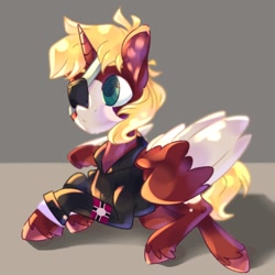 Size: 972x972 | Tagged: safe, artist:kingdom, imported from derpibooru, oc, oc only, alicorn, pony, alicorn oc, blonde mane, green eyes, horn, red coat, solo, wings