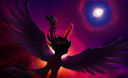 Size: 2354x1444 | Tagged: safe, artist:autumngoddessxiv, imported from derpibooru, twilight sparkle, alicorn, pony, angle, backlighting, evil, evil twilight, glowing, glowing horn, horn, impending eclipse, power drunk, solo, spread wings, twilight sparkle (alicorn), wings