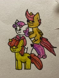 Size: 3024x4032 | Tagged: safe, artist:turboshemp, imported from derpibooru, apple bloom, scootaloo, sweetie belle, earth pony, pegasus, pony, unicorn, cutie mark crusaders, female, filly, foal, horn, pony pile, simple background, tower of pony, traditional art, white background